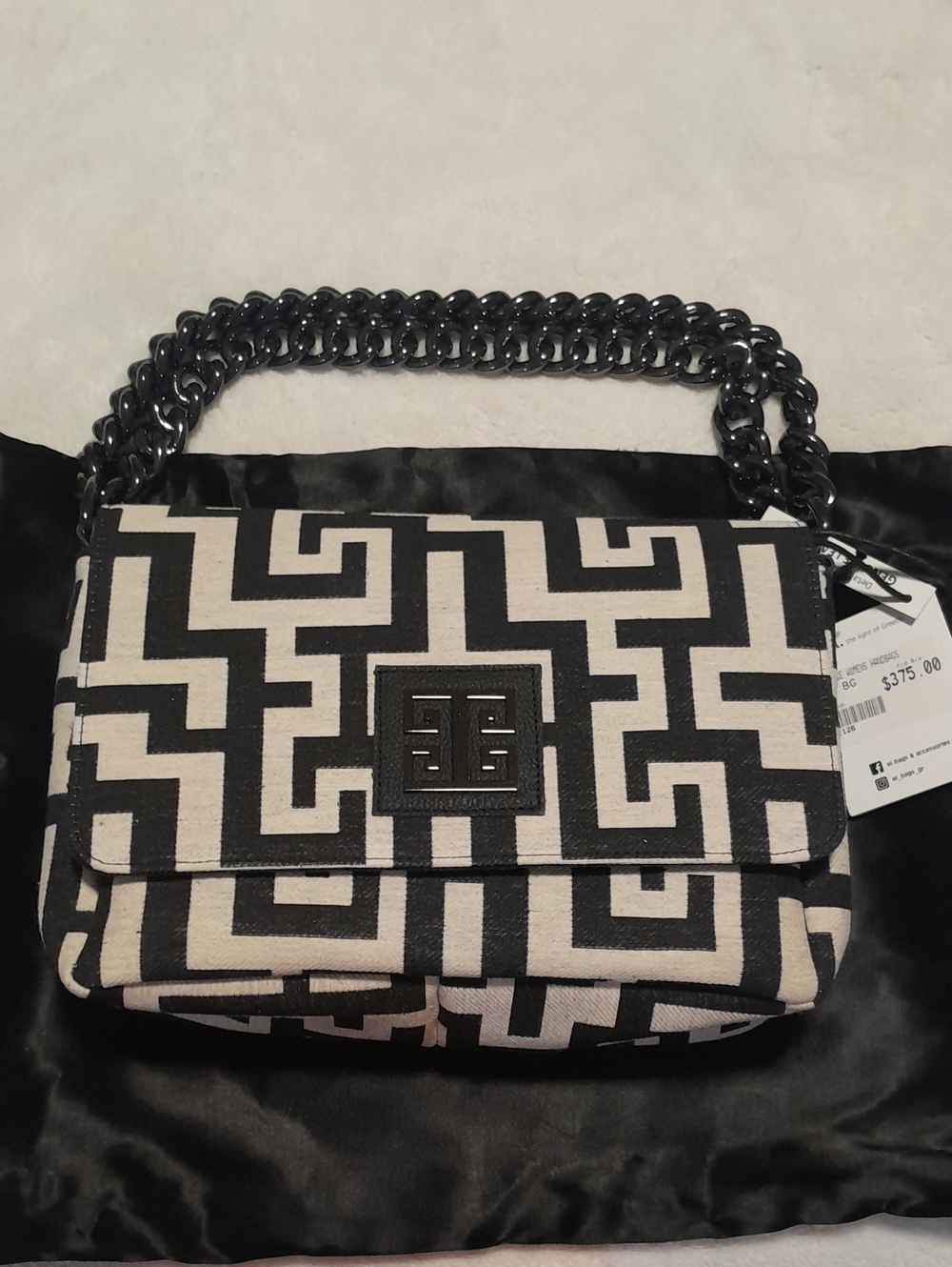 Black and Cream Geometric Shoulder Bag with Chain Strap